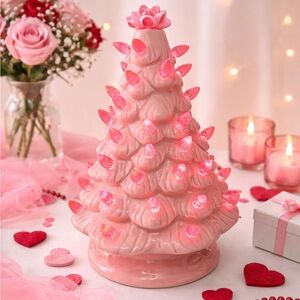 New Vintage Pink Ceramic Christmas Tree Valentine’s Day Decor PreLit Romantic